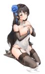  1girl :o bangs between_breasts black_hair black_legwear blue_flower blue_ribbon blush breast_squeeze breasts breasts_outside bridal_gauntlets brown_eyes collarbone covered_navel covering covering_breasts dress eyebrows_visible_through_hair flower full_body garter_belt girls_frontline hair_between_eyes hair_flower hair_ornament highres long_hair looking_at_viewer mole mole_under_eye no_shoes open_mouth panties panty_pull pelvic_curtain pixel_(yuxian) qbz-95_(girls_frontline) ribbon seiza simple_background sitting sleeveless sleeveless_dress solo thighhighs underwear very_long_hair white_background white_dress white_panties wrist_ribbon 