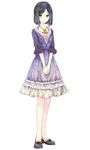  absurdres black_hair collarbone dress frilled_dress frilled_shoes frills full_body grey_eyes hair_ornament highres kishida_mel looking_at_viewer neck_ribbon ribbon school_fanfare short_hair simple_background solo standing white_background yellow_ribbon 