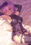  absurdres armor armored_dress armpits arms_up bed_sheet black_legwear breasts commentary elbow_gloves eyes_visible_through_hair fate/grand_order fate_(series) glasses gloves hair_over_one_eye highres kibanda_gohan large_breasts looking_at_viewer lying mash_kyrielight on_back purple_eyes purple_hair purple_legwear short_hair solo thigh_strap thighs 