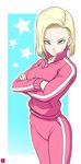  absurdres android_18 blonde_hair blue_eyes breasts chris_re5 crossed_arms dragon_ball dragon_ball_z earrings highres jacket jewelry looking_at_viewer medium_breasts pants short_hair simple_background smile solo star track_and_field track_suit white_background 