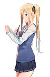  bangs blonde_hair blue_eyes blue_skirt blunt_bangs closed_mouth cowboy_shot ddal drawing from_side highres holding long_hair long_sleeves pleated_skirt saenai_heroine_no_sodatekata sawamura_spencer_eriri school_uniform serafuku sidelocks simple_background skirt smile solo stylus sweater_vest tablet twintails white_background 