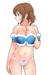  bare_shoulders bow bow_panties breasts brown_eyes brown_hair cleavage cowboy_shot fur_trim granblue_fantasy idolmaster idolmaster_cinderella_girls large_breasts looking_afar looking_to_the_side midriff moru_(monaka) navel panties profile simple_background solo strapless sweat totoki_airi twintails underwear white_background white_panties 