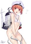  absurdres artist_name bikini brown_eyes brown_hair commentary_request covering covering_crotch enemy_naval_mine_(kantai_collection) flying_sweatdrops hat highres kantai_collection looking_at_viewer machinery nagiha_kuten navel open_mouth sailor_bikini sailor_collar sailor_hat shinkaisei-kan short_hair signature simple_background sweat swimsuit tears tentacles untied untied_bikini white_background white_bikini white_hat z3_max_schultz_(kantai_collection) 