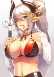  bikini blue_eyes blush breasts cleavage food grey_background hair_between_eyes horns large_breasts long_hair long_sleeves looking_at_viewer messy navel ogino_(oginogino) one_eye_closed original pointy_ears ponytail popsicle silver_hair solo swimsuit upper_body 