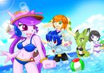  2017 anthro aquatic_dragon arung98 ball basset_hound beach beach_ball bear bikini breasts canine carol_tea cleavage clothed clothing dog dragon fan_character feline freedom_planet freedom_planet_2 fur green_eyes green_fur hair hybrid mammal milla_basset navel neera_li one_eye_closed panda purple_eyes purple_hair red_eyes sash_lilac seaside swimsuit topless video_games wildcat 