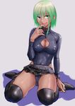  :d arm_at_side bangs black_footwear black_legwear black_skirt blue_eyes blue_leotard blush boots breasts cleavage_cutout covered_nipples dark_skin finger_to_mouth full_body green_eyes green_hair grey_background hair_between_eyes hand_up happy heterochromia highleg highleg_leotard highres hips kilye_4421 leotard lipstick long_sleeves looking_at_viewer makeup medium_breasts microskirt open_mouth original pink_lipstick pleated_skirt shadow shiny shiny_clothes short_hair simple_background sitting skin_tight skindentation skirt smile solo thigh_boots thighhighs thighs turtleneck wariza 