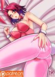  1girl ass ass_grab bare_shoulders blush breasts bunny_ears bunny_tail bunnysuit code_geass deep_skin dkstudios05 kallen_stadtfeld large_breasts looking_at_viewer lying on_side open_mouth pantyhose parted_lips purple_eyes red_hair shiny shiny_clothes shiny_hair shiny_skin short_hair solo tail wrist_cuffs 