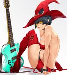  back belt_boots bespectacled black_hair boots breasts electric_guitar fingerless_gloves from_behind full_body glasses gloves green_eyes guilty_gear guilty_gear_xrd guitar hat highres i-no instrument laio large_breasts looking_at_viewer mole_above_mouth panties red_footwear red_hat red_legwear red_panties shooting_glasses short_hair sideboob sitting solo thigh_boots thighhighs topless underwear witch_hat 