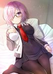  bangs bedroom black_dress blanket blush closed_mouth dress eyebrows_visible_through_hair fate/grand_order fate_(series) hair_over_one_eye hand_on_own_chest hijiri_ruka hood hoodie indoors lavender_hair looking_at_viewer lying mash_kyrielight necktie on_back on_bed open_clothes open_hoodie pantyhose pillow purple_eyes purple_hair red_neckwear short_dress short_hair solo 