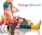  blurry boots character_name commentary_request depth_of_field dress green_eyes green_hair hat layered_dress looking_at_viewer monogatari_(series) ononoki_yotsugi orange_dress puffy_short_sleeves puffy_sleeves rubber_boots short_hair short_sleeves siraha sitting solo striped striped_legwear stuffed_animal stuffed_crab stuffed_monkey stuffed_snail stuffed_toy thick_eyebrows thighhighs v_over_eye yellow_footwear 