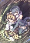  &gt;_&lt; 2girls :d animal_ears animal_print arm_around_neck bangs bare_shoulders black_hair blonde_hair bow bowtie cape carrying cerulean_(kemono_friends) closed_mouth detached_collar elbow_gloves extra_ears eyebrows_visible_through_hair eyes_closed fingerless_gloves folded from_above fur_collar gloves grey_gloves grey_hair grey_legwear hair_between_eyes hand_on_another&#039;s_thigh head_on_head highres hood hood_down hooded_cape jaguar_(kemono_friends) jaguar_ears jaguar_print jaguar_tail kemono_friends medium_hair motion_lines multicolored_hair multiple_girls okyao one-piece_swimsuit open_mouth otter_ears otter_tail outstretched_arm outstretched_leg pointing print_gloves print_legwear print_skirt serious shoes sidelocks skirt small-clawed_otter_(kemono_friends) smile squatting swimsuit tail tentacle thighhighs toeless_legwear toes two-tone_hair white_hair xd yellow_eyes zettai_ryouiki 