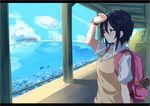  backpack bag bag_charm black_hair brown_eyes charm_(object) day from_side hair_between_eyes keychain letterboxed neko_sensha ocean original outdoors school_uniform short_hair sketch solo sweater_vest watch wristwatch 