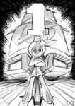  anniversary bodysuit crossed_arms full_body greyscale hair_ornament helmet highres imaishi_hiroyuki legs_apart luluco monochrome number one_side_up pirate_ship rotating_light short_hair signature star star_hair_ornament uchuu_patrol_luluco 