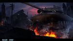 cloud commentary day fire ground_vehicle highres house military military_vehicle motor_vehicle no_humans object_279 original real_life realistic ruins searchlight smoke solaris_(xorn) tank window 