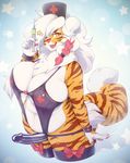  2017 amber_eyes anthro big_breasts breasts buxbi_(character) claws clothed clothing dildo feline female hair hi_res holding_object long_hair looking_at_viewer mammal nurse one_eye_closed open_mouth pink_nose sex_toy solo strapon stripes sukebepanda syringe tiger white_hair wink 