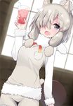  alpaca_ears alpaca_suri_(kemono_friends) animal_ears blush breast_pocket cup doorknoble drinking_glass drinking_straw eyebrows_visible_through_hair grey_eyes grey_hair hair_over_one_eye hand_up highres holding holding_cup holding_tray japari_symbol kemono_friends looking_at_viewer open_mouth pocket smile solo tray 