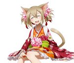  animal_ears brown_hair cat_ears cat_tail closed_eyes hair_between_eyes head_tilt invisible_chair japanese_clothes kimono long_hair obi official_art open_mouth orange_kimono sash shiny shiny_skin short_twintails silica silica_(sao-alo) sitting smile solo sword_art_online sword_art_online:_code_register tail transparent_background twintails yukata 