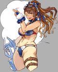  ;d bare_shoulders beatrix_(granblue_fantasy) belt bikini breasts brown_eyes brown_hair detached_collar eyewear_on_head granblue_fantasy groin hair_ribbon highres large_breasts long_hair multi-strapped_bikini navel one_eye_closed open_mouth ponytail ribbon shoohee smile solo star swimsuit sword thigh_strap weapon 