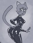  5_fingers anthro butt cartoon_network cat clothed clothing feline female fur looking_back mammal mature_female monochrome mother nicole_watterson open_mouth parent rogerbacon rubber shiny solo the_amazing_world_of_gumball 