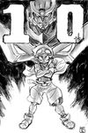  2017 anniversary belt boots comic crossed_arms full_body goggles goggles_on_head greyscale gurren-lagann highres imaishi_hiroyuki jacket legs_apart male_focus mecha monochrome number sanpaku sarashi serious signature simon solo tengen_toppa_gurren_lagann wind wind_lift 