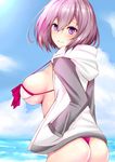  adapted_costume ass bangs bikini bikini_under_clothes blush breasts cloud cloudy_sky commentary_request day fate/grand_order fate_(series) hair_between_eyes hands_in_pockets highres hood hoodie jacket large_breasts looking_at_viewer looking_to_the_side mash_kyrielight open_clothes open_jacket outdoors purple_eyes purple_hair sankakusui shiny shiny_skin short_hair sideboob sky smile solo strap_gap swimsuit swimsuit_of_perpetual_summer thong_bikini 