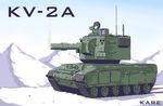  blonde_hair caterpillar_tracks commentary ground_vehicle helmet highres kare kv-2 military military_vehicle motor_vehicle mountain original snow tank 