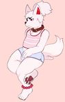  2016 4_toes absurd_res anthro booty_shorts brown_nose brown_pawpads bulge canine chest_tuft clothing collar crossed_legs cute_fangs digital_media_(artwork) eroborus fox frown fur hi_res kitsune_(ero) male mammal midriff pawpads pink_background plantigrade red_eyes shirt simple_background sitting slit_pupils solo tank_top toes tuft white_fur 