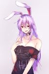  animal_ears bare_shoulders black_shirt bow breasts bunny_ears cleavage clothes_writing collar collarbone commentary_request cosplay hair_bow hecatia_lapislazuli hecatia_lapislazuli_(cosplay) kagaribino large_breasts long_hair looking_at_viewer off-shoulder_shirt purple_hair red_eyes reisen_udongein_inaba shirt simple_background solo sweat t-shirt touhou upper_body very_long_hair 