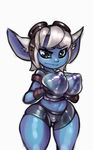  big_breasts blue_eyes blue_skin breasts clothing eyewear female goggles hair league_of_legends riot_games shorts solo thick_thighs tristana video_games white_hair xdraws yordle 