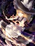  :d apron black_hole_(space) blonde_hair blush braid broom broom_riding commentary dress hat kirisame_marisa long_hair messy_hair minust open_mouth pointing pointing_at_viewer reversed side_braid single_braid smile solo touhou waist_apron wavy_hair witch_hat yellow_eyes 