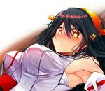  armpits bare_shoulders black_hair blush commentary_request detached_sleeves hair_between_eyes hairband haruna_(kantai_collection) headgear japanese_clothes kantai_collection long_hair nontraditional_miko open_mouth red_skirt ribbon-trimmed_sleeves ribbon_trim skirt solo tsukui_kachou wide_sleeves yellow_eyes 