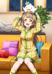  artist_request bangs bow breasts brown_eyes brown_hair checkered collarbone couch crown hair_bow indoors long_hair looking_at_viewer love_live! love_live!_school_idol_festival love_live!_school_idol_project medium_breasts minami_kotori mini_crown night nightgown object_on_head official_art one_side_up pillow plant ribbon sitting smile socks solo stuffed_animal stuffed_bird stuffed_toy window 
