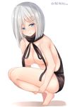  ankle_grab backless_dress backless_outfit bangs bare_legs bare_shoulders black_dress black_sweater blue_eyes breasts cleavage closed_mouth commentary_request dress eyebrows_visible_through_hair eyes_visible_through_hair full_body hair_between_eyes hair_ornament hairclip halterneck hamakaze_(kantai_collection) highres kantai_collection large_breasts medium_hair meme_attire naked_sweater navel neneru no_bra revision ribbed_sweater shiny shiny_skin short_hair silver_hair simple_background solo squatting sweater sweater_dress toenails toes turtleneck turtleneck_sweater twitter_username virgin_killer_sweater wardrobe_error white_background 