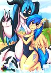  2016 5_fingers amber_eyes anthro aquarius_(oc) areola_slip big_breasts bikini blue_hair bra breast_size_difference breasts camel_toe cleavage clothed clothing duo equine eyebrows eyelashes fan_character feathered_wings feathers female friendship_is_magic hair hair_over_eye hand_on_breast hi_res horn looking_at_viewer mammal my_little_pony nipple_bulge outside pegasus rainbowscreen silvia_windmane size_difference skimpy swimsuit underwear v_sign water wings yellow_eyes 