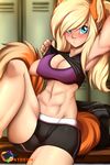  2016 abs animal_humanoid athletic blonde_hair blue_eyes blush breasts canine cleavage clothed clothing clothing_lift dipstick_tail eyelashes female fox fox_humanoid hair hi_res humanoid inner_ear_fluff inside locker_room long_hair looking_at_viewer mammal multicolored_tail muscular muscular_female rainbowscreen shirt shirt_lift shorts solo yukira 