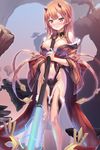  bangs blush breasts brown_eyes brown_hair cleavage club day detached_sleeves fantasy floating_rock grin highleg highres holding holding_weapon large_breasts oni oni_horns original outdoors parted_lips revealing_clothes smile solo standing thighhighs tougetsu_gou weapon wide_sleeves 