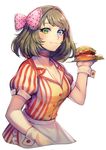  apple_brk apron bangs blouse blue_eyes bow buttons choker commentary_request food french_fries green_eyes hair_bow hair_intakes hamburger heterochromia holding holding_tray idolmaster idolmaster_cinderella_girls korean light_brown_hair looking_at_viewer medium_hair no_mole polka_dot polka_dot_bow puffy_short_sleeves puffy_sleeves short_sleeves simple_background smile solo striped striped_blouse takagaki_kaede tray upper_body vertical_stripes waist_apron waitress white_background wrist_cuffs 
