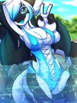  5_fingers anthro big_breasts big_eyes blue_eyes blue_tongue breasts cetacean cleavage clothed clothing cloud day dragon eyebrows eyelashes female freckles hair hair_over_eye hand_behind_head hi_res hybrid looking_at_viewer mammal marine membranous_wings midriff multicolored_hair navel one-piece_swimsuit open_mouth orca outside partially_submerged penelope rainbowscreen sky small_waist solo swimsuit tongue two_tone_hair v_sign water whale wide_hips wings 