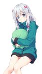  bangs blue_eyes blue_jacket blush bow closed_mouth eromanga_sensei eyebrows_visible_through_hair grey_hair hair_bow izumi_sagiri jacket knees_together_feet_apart knees_touching long_hair looking_at_viewer object_hug pink_bow rimo sidelocks silver_hair simple_background sitting solo stuffed_animal stuffed_octopus stuffed_toy tareme thighs white_background 