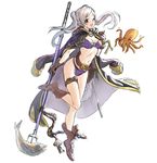  alternate_costume athenawyrm bikini boots brown_footwear brown_gloves cloak commentary female_my_unit_(fire_emblem:_kakusei) fire_emblem fire_emblem:_kakusei fire_emblem_heroes fish fishing_net gloves jacket_on_shoulders long_hair looking_at_viewer my_unit_(fire_emblem:_kakusei) navel o-ring o-ring_bikini o-ring_top octopus polearm silver_hair simple_background smile solo stomach swimsuit thigh_strap trident twintails weapon 