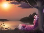  2012 anthro cat day detailed_background feline female fur grass hair mammal neotheta nude pink_fur sky solo sun tree water white_hair 