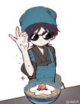  1boy alternate_costume apron artist_name bangs black_shirt blue_apron blue_headwear blue_scarf blunt_ends bowl closed_mouth food fried_egg genshin_impact hand_up head_scarf male_focus meme nbb3 pale_skin parted_bangs pocket purple_hair salt_bae_(meme) scaramouche_(genshin_impact) scarf shirt short_hair short_sleeves simple_background solo soup sparkle standing sunglasses table v-shaped_eyebrows white_background 