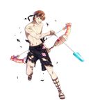  alternate_costume arrow bow_(weapon) candy candy_print clenched_teeth fire_emblem fire_emblem:_kakusei fire_emblem_heroes food food_in_mouth full_body gaia_(fire_emblem) green_eyes hako_ichiiro highres holding holding_arrow holding_bow_(weapon) holding_weapon lollipop male_focus male_swimwear official_art popsicle red_hair sandals solo swim_trunks swimwear teeth themed_object torn_clothes transparent_background weapon 