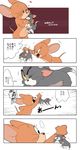  &lt;3 atori blush cat duo feline hug japanese_text jerry_(tom_&amp;_jerry) mammal mouse rodent role_reversal size_difference sweat text tom_(tom_&amp;_jerry) tom_and_jerry tongue translation_request 