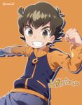  brown_eyes brown_hair character_name clenched_hand cowboy_shot danball_senki grin highres jacket keitomato male_focus orange_background outline simple_background smile solo twitter_username yamano_ban 
