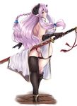  1girl ass black_legwear blue_eyes braid breasts brown_gloves cow_girl cow_horns curvy doraf dress elbow_gloves female fingerless_gloves from_behind full_body gloves granblue_fantasy hair_ornament hair_over_one_eye hairclip high_heels horns katana large_breasts long_hair looking_back narumeia_(granblue_fantasy) panties pointy_ears raycat simple_background solo standing sword thighhighs walking weapon white_background wide_hips 
