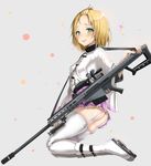  anti-materiel_rifle ass barrett_m82 bipod blonde_hair blush boots eyebrows_visible_through_hair garter_straps green_eyes grey_background gun highres holding holding_gun holding_weapon knee_boots looking_at_viewer m107 muzzle_brake original reinama rifle scope short_hair simple_background smile sniper_rifle solo thighhighs tongue tongue_out weapon white_footwear white_legwear 