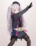  1girl absurdres bangs belt beret black_gloves black_hat black_legwear blue_eyes girls_frontline gloves grey_hair hat henshin_pose heterochromia highres kamen_rider kamen_rider_v3 kamen_rider_v3_(series) lez long_hair looking_at_viewer mdr_(girls_frontline) multicolored_hair one_side_up open_mouth pantyhose pink_eyes pink_hair pleated_skirt pose side_ponytail skirt solo streaked_hair thigh_strap 