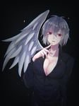  black_background black_shirt braid breasts cleavage commentary_request dress_shirt feathered_wings kagaribino kishin_sagume large_breasts long_sleeves looking_at_viewer red_eyes shirt short_hair simple_background single_wing solo touhou upper_body white_hair white_wings wing_collar wings 