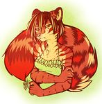  2013 5_fingers anthro breasts clothed clothing eyebrows eyelashes feline female fur hair looking_at_viewer mammal neotheta ocelot pink_nose red_fur red_hair simple_background solo yellow_eyes 